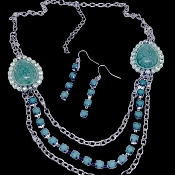 Rhinestone Faux Turquoise Necklace & Earring Silver Tone set - Picture 2 of 7
